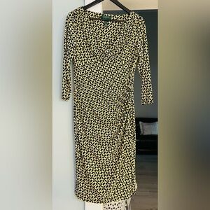 Ralph Lauren Yellow and Black Chain Pattern 3/4 Sleeve V-Neck Dress size 8